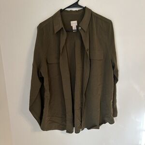 Chico's Women's Button Down Long Sleeve Blouse Shirt Textured Olive Green Size 2